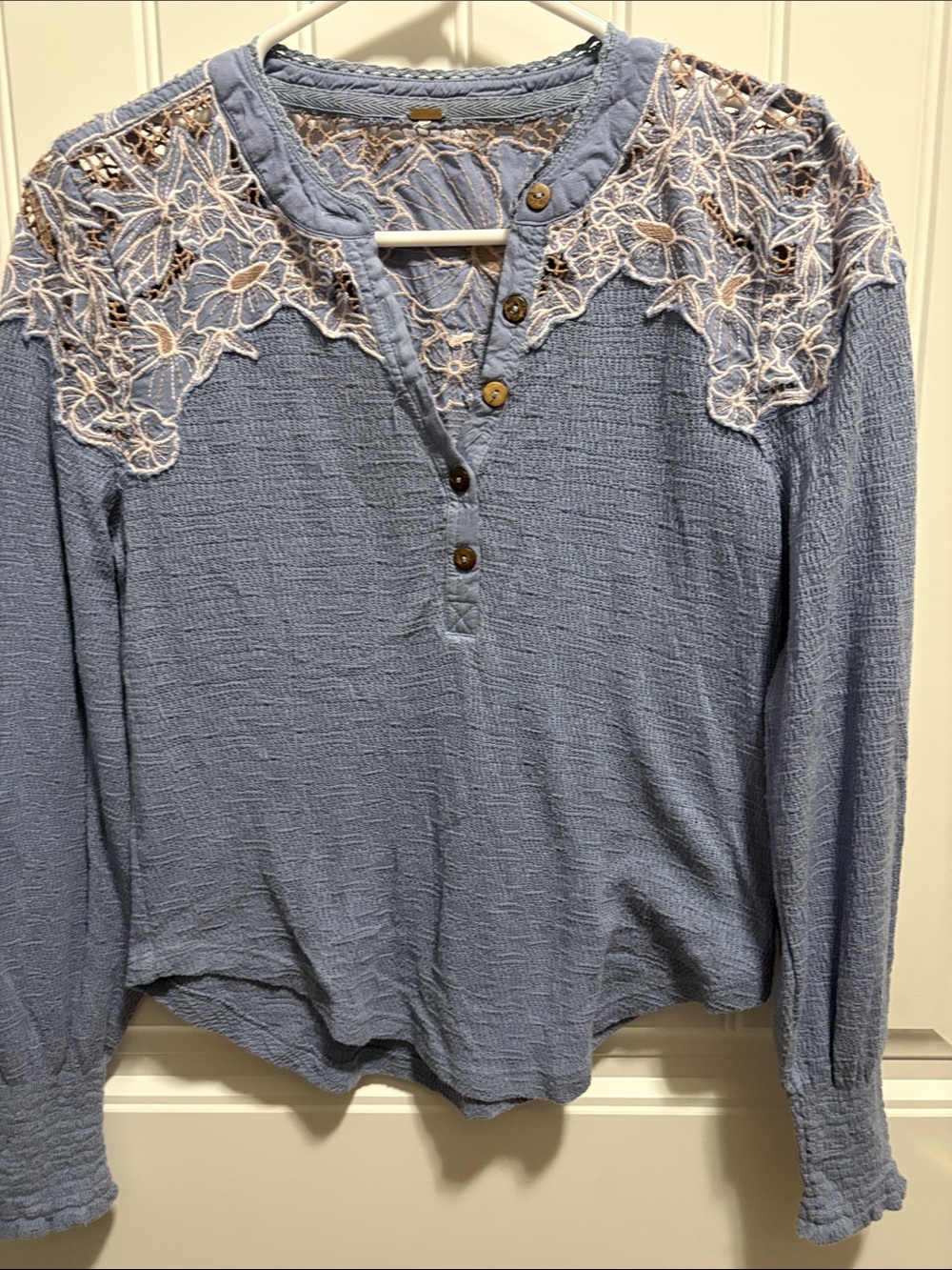 Free People Blue Embroidered Floral Crochet Henley Top Boho